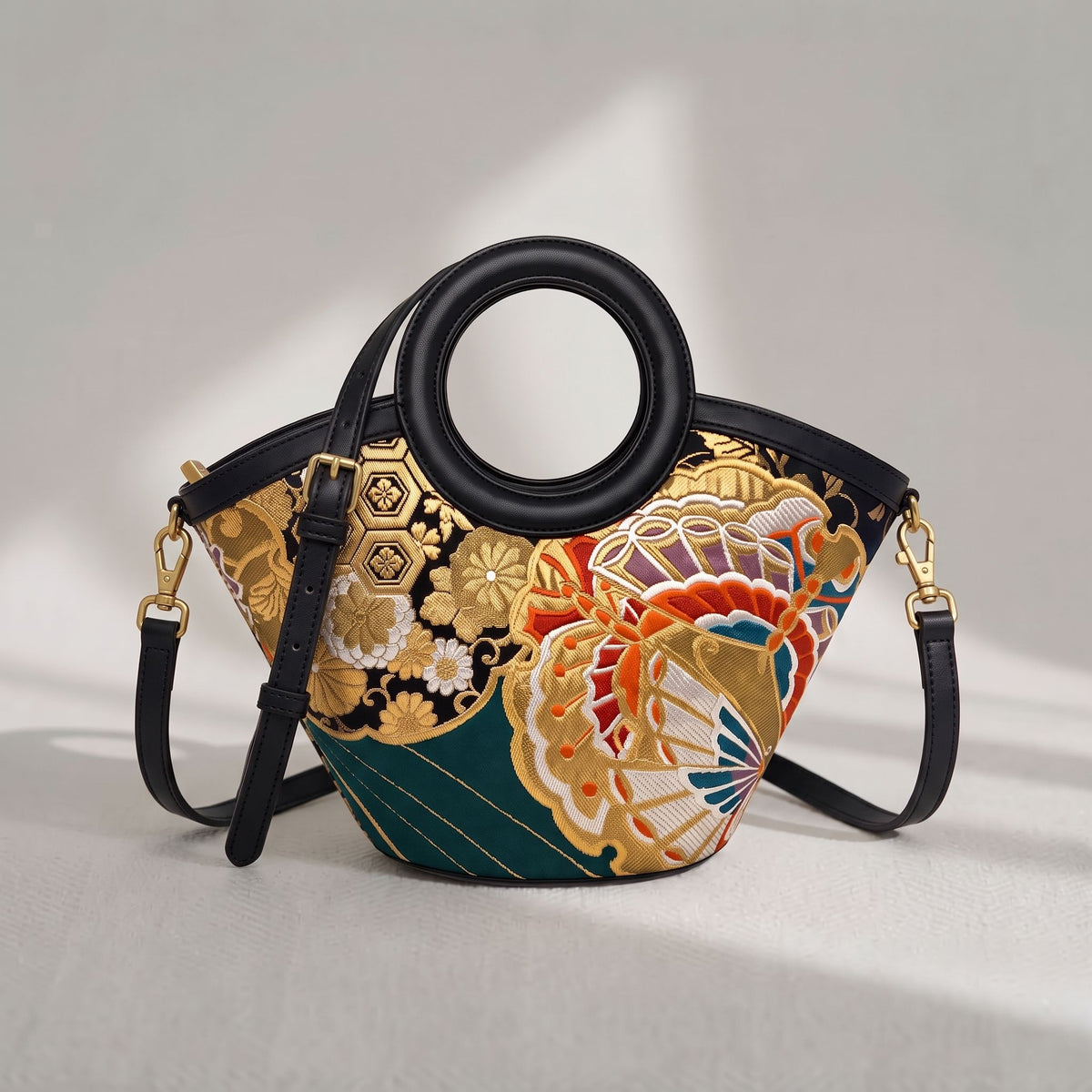 Jamila Designer Mulberry Silk Bird Design Tote Bag, Floral Pattern with Round Handles