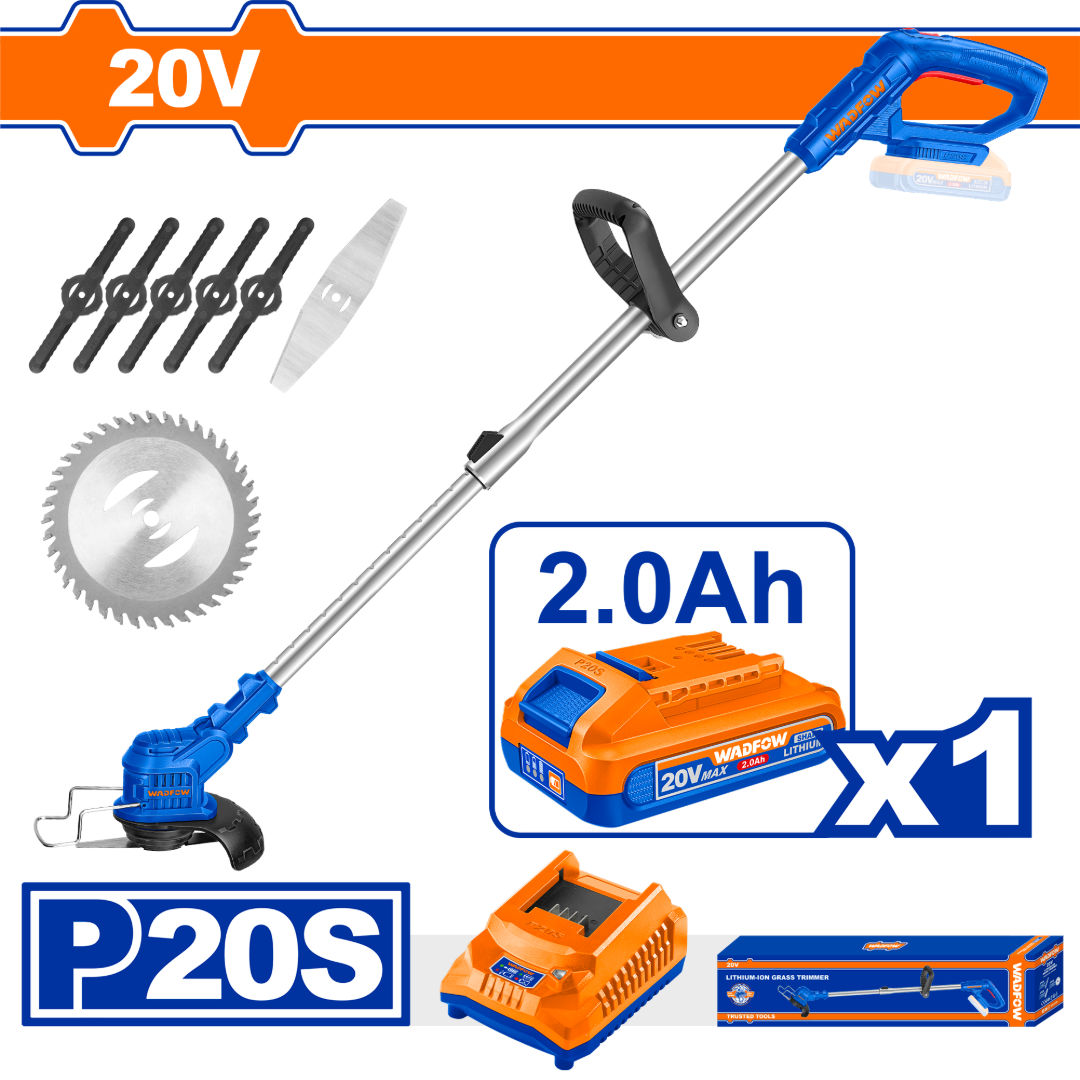 WADFOW 20V Cordless Grass Trimmer Kit, 138–148 mm Cut, Plastic/Metal/Saw Blades