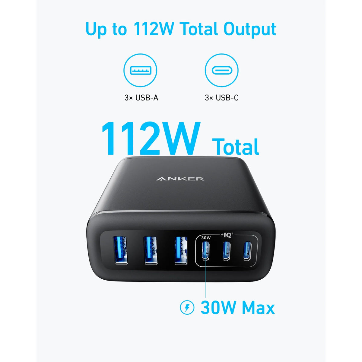 Anker 112W 6-Port GaN Charging Station, 3 USB-C + 3 USB-A Multi-Device Fast Charger