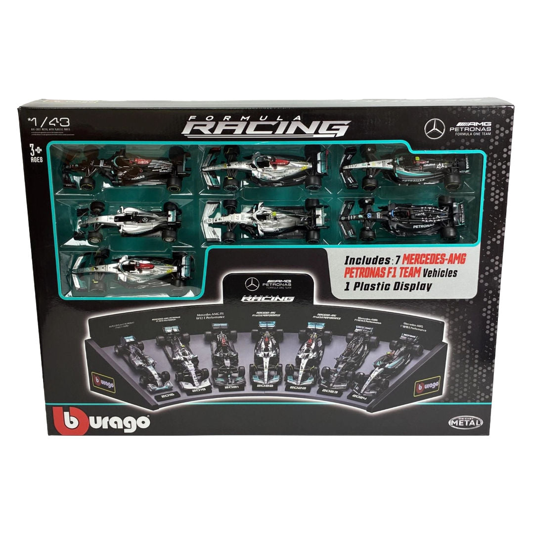 Bburago Metal Formula Racing Mercedes-AMG Petronas F1 Team Die-Cast Cars Set 1:43, Pack of 7, 3+ Years