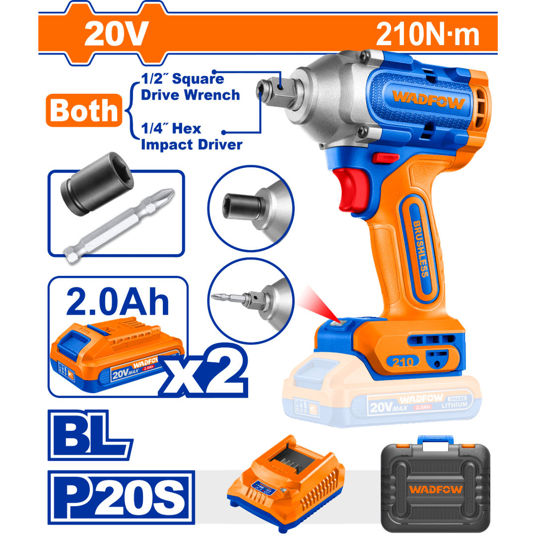 WADFOW Cordless Impact Driver & Wrench 20V, Brushless, 210 Nm, 1/2″ + 6.35 mm