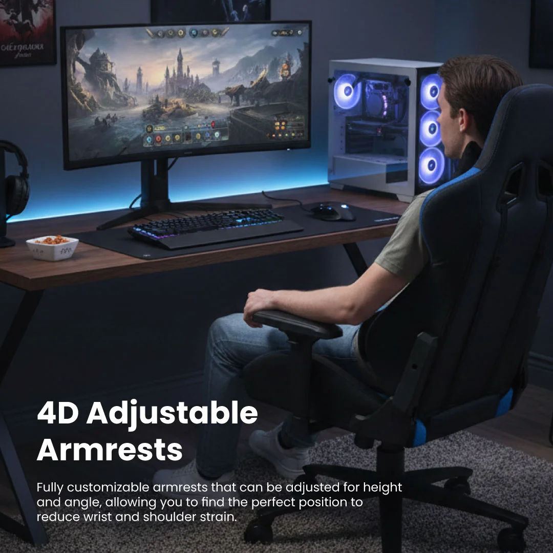 EPICARMA Ergonomic Gaming Chair with 4D Adjustable Armrests, 90°-160° Reclining Backrest, Lumbar & Neck Support, Black/Blue