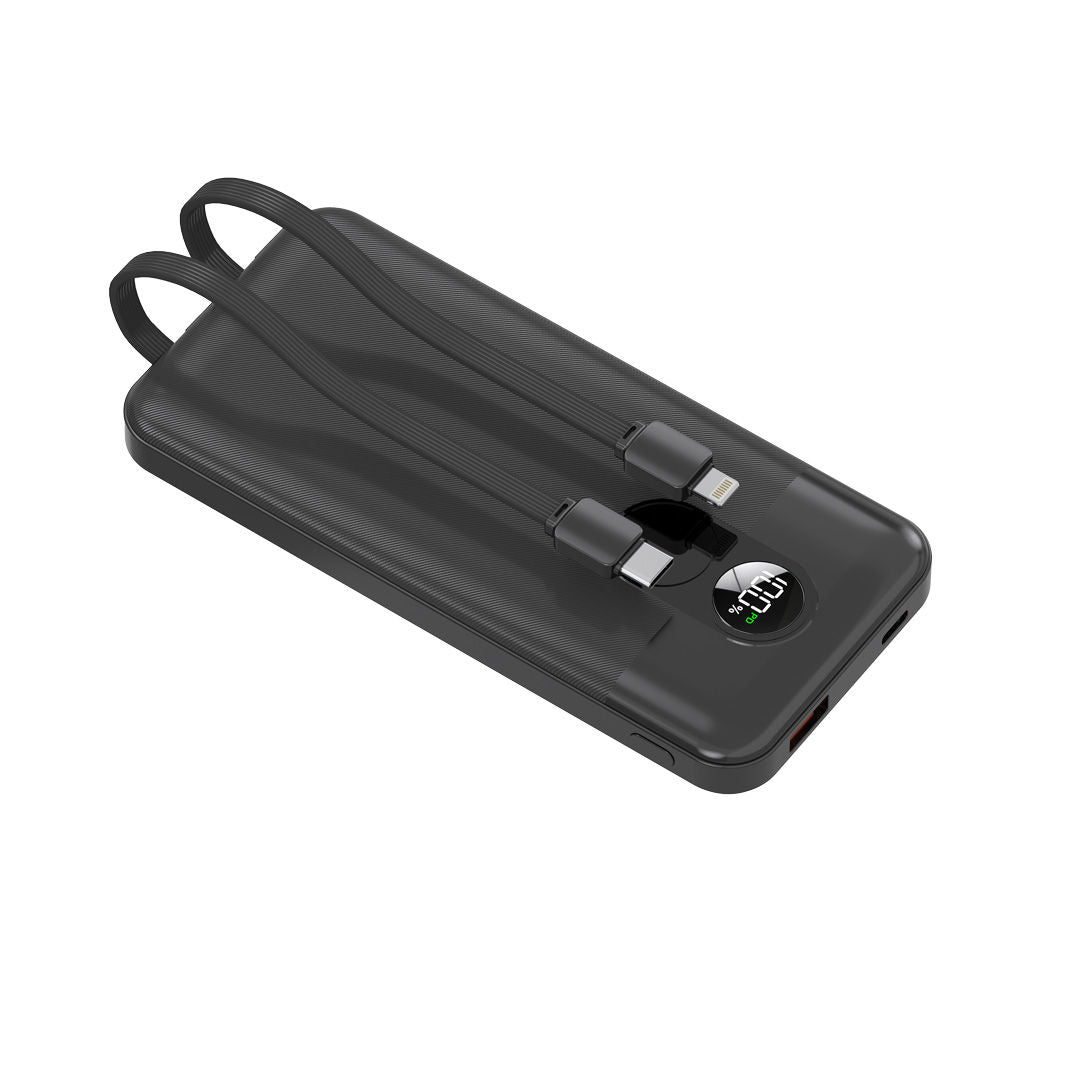 Porodo 10000mAh Powerbank Integrated Cable, Black