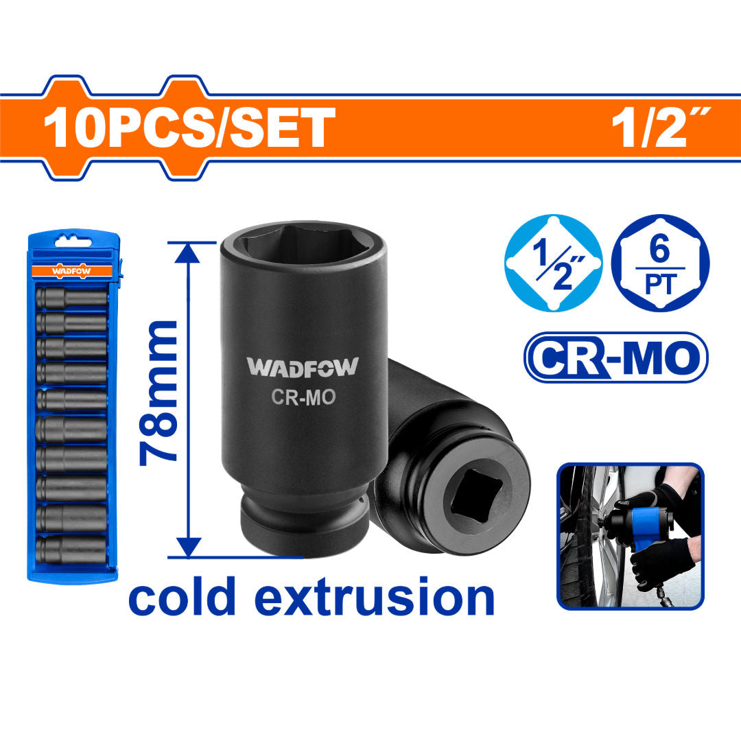 WADFOW 10 pcs 1/2" Deep Impact Socket Set, 10/12/13/14/15/17/19/21/22/24mm, L 78mm, Cr-V