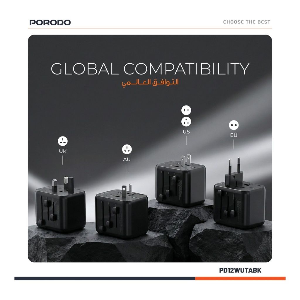 Porodo Dual USB-A Universal Travel Adapter 2.4A, PD-12WUTA-BK, Black