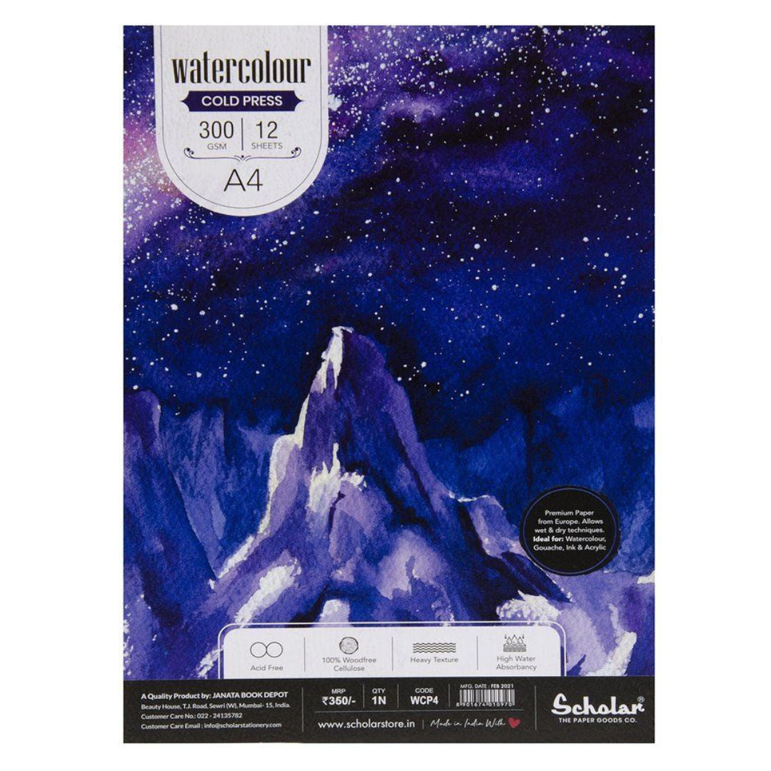 Scholar A4 Watercolour Paper, 300gsm, 12 Sheets