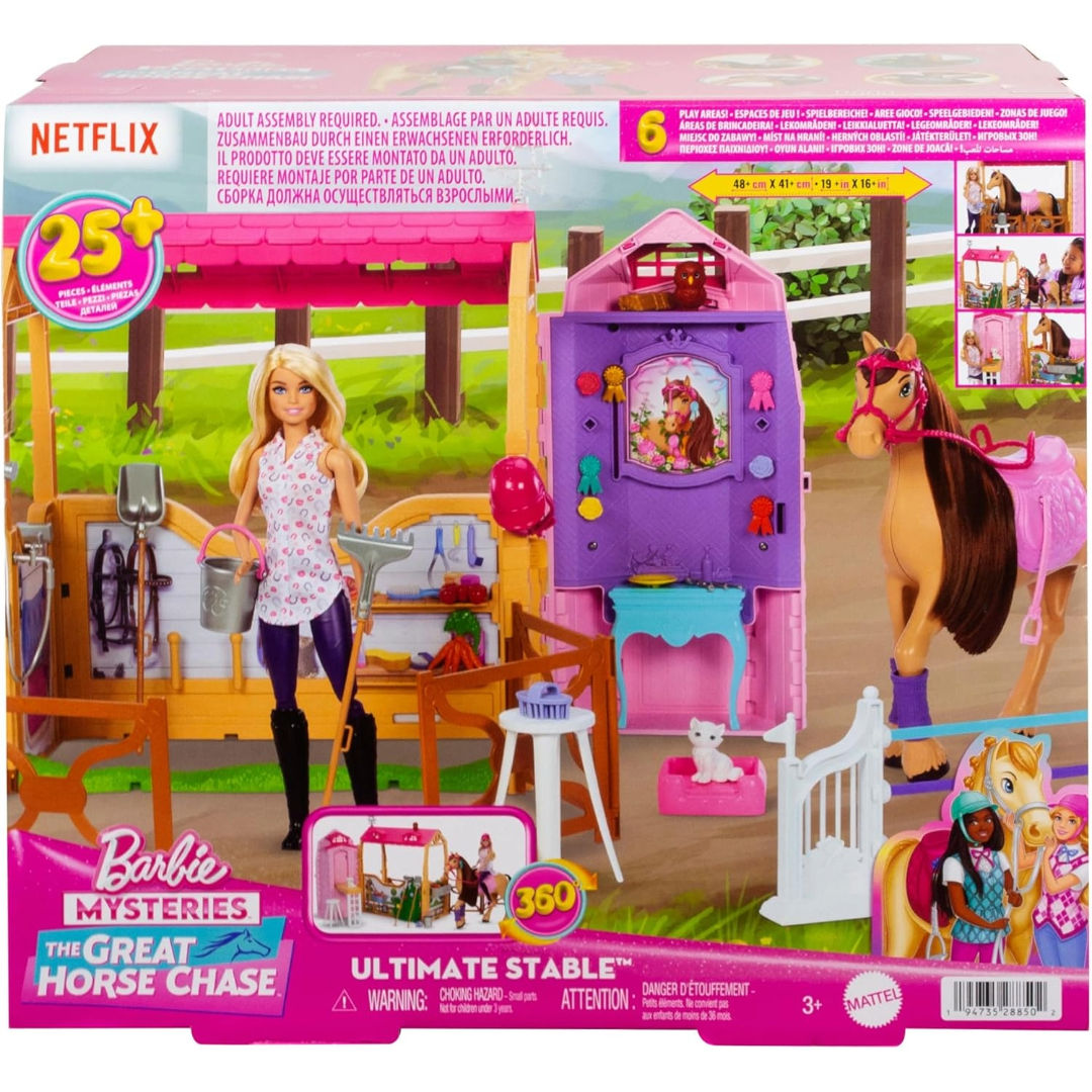 Barbie Mysteries, The Great Horse Chase Ultimate Stable Playset, JDN43, Doll, Horse & 25+ Accessories with 6 Play Areas