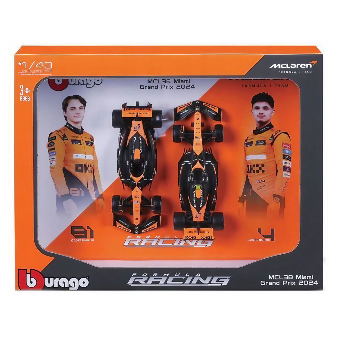Bburago Racing F1 Miami Grand Prix 2024 McLaren MCL38 #4 Lando Norris & #81 Oscar Piastri Die-Cast Cars 2-Pack Set (1:43), 3+ years