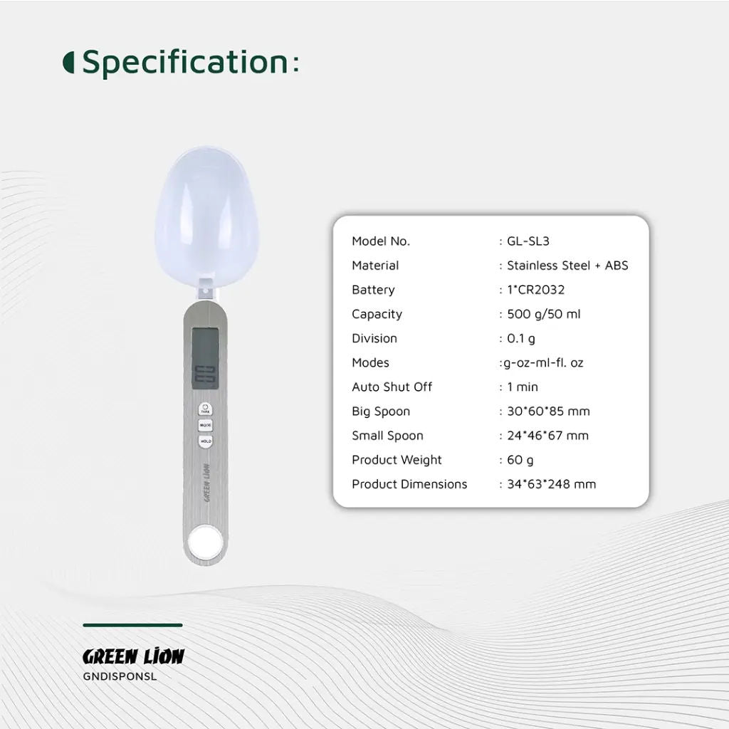 Green Lion Digital Spoon Scale, Precision Kitchen Measuring Spoon with LCD Display, Silver