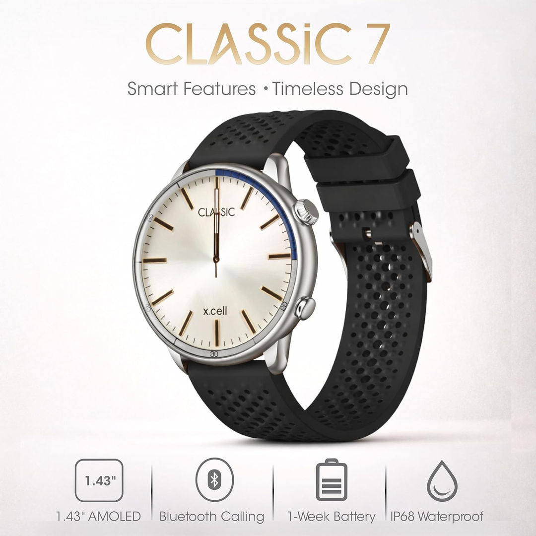 Xcell Classic7 Smartwatch with 2 Strap for Men & Women 1.43inch AMOLED Roman Dial, Bluetooth Calling, Heart Rate & SpO2 Wellness Tracking, Black