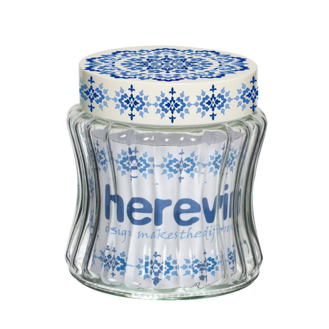 Herevin Embossed Glass Storage Canister With Lid, Ethnic Design
