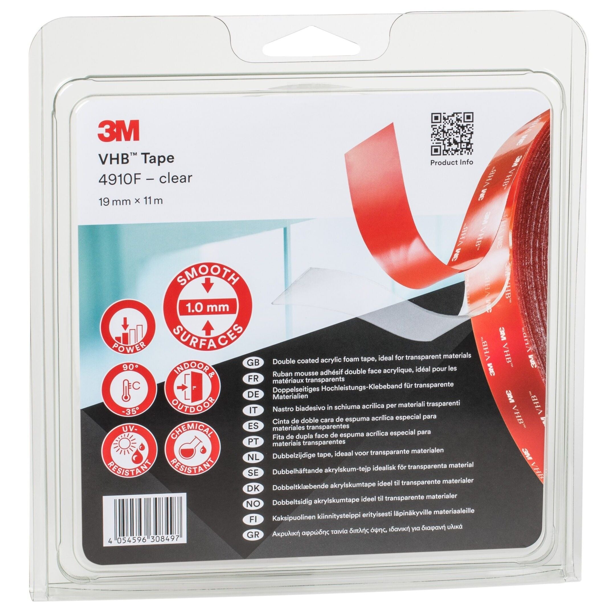 3M™ VHB™ Tape 4910F Transparent Double-Sided Mounting Tape, 19 mm x 11 m, 1.0 mm