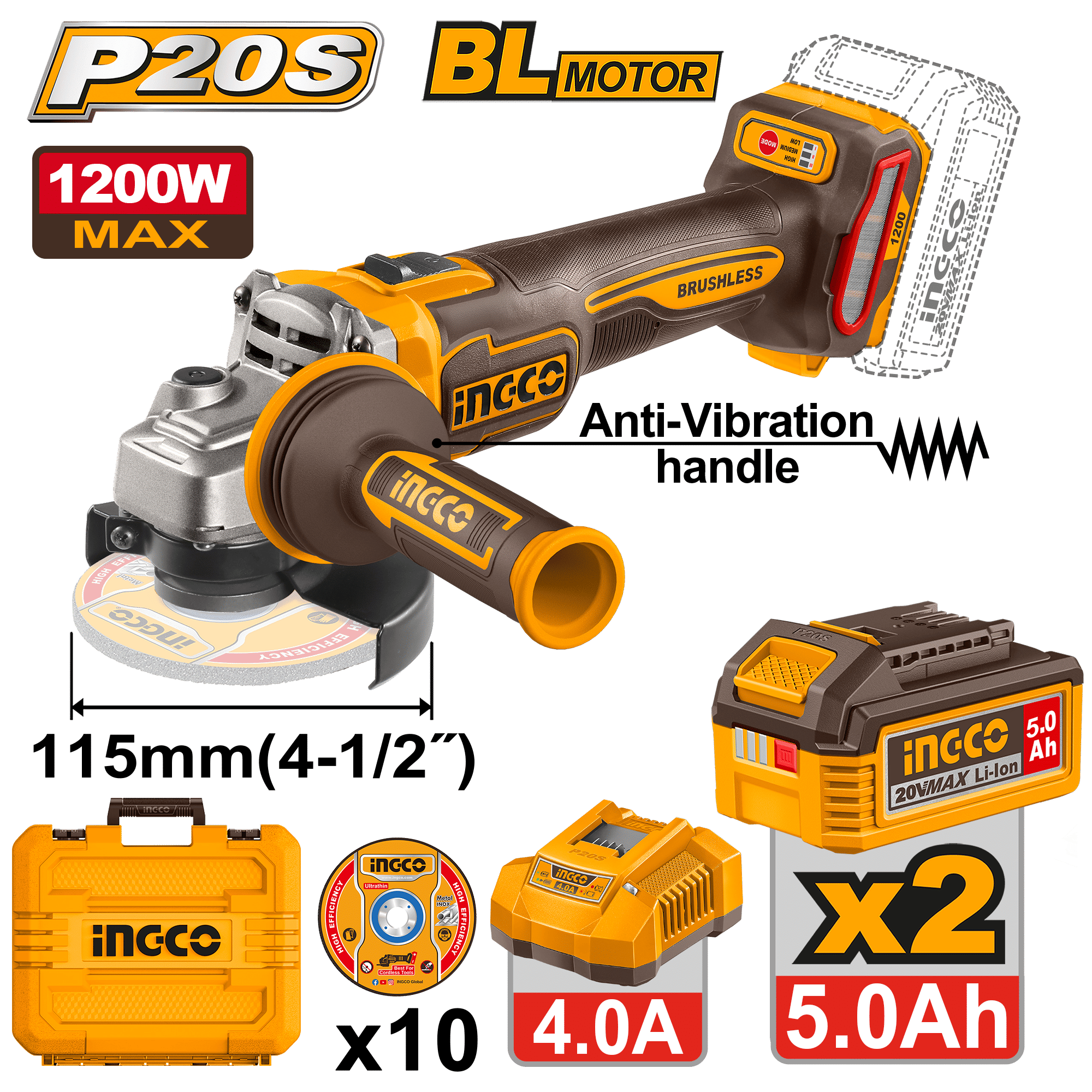 INGCO Cordless Angle Grinder 115mm 20V Brushless Dual Battery Kit