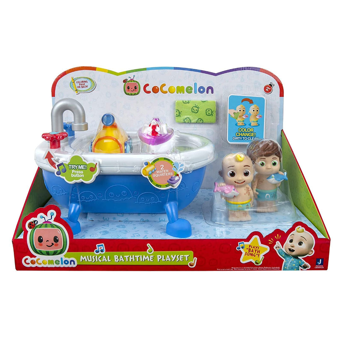 CoComelon MUSICAL BATHTIME PLAYSET, Plays Clips of The ‘Bath Song’, Features 2 Color Change Figures , JJ & Tomtom, 2 Toy Bath Squirters, Cleaning Cloth