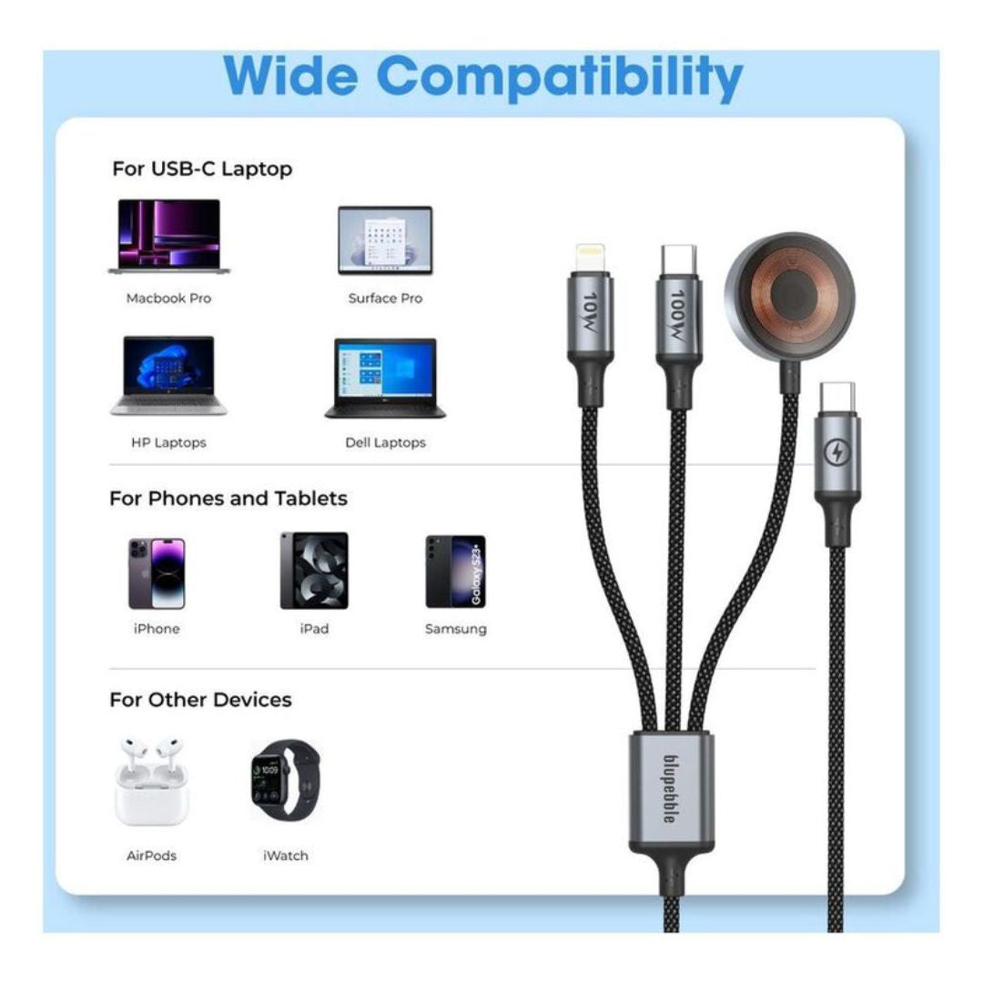 Blupebble PowerFlow USB-C to USB-C + Lightning + Watch Charger 100W PD, Fast Charging Cable, 1.2M, Black