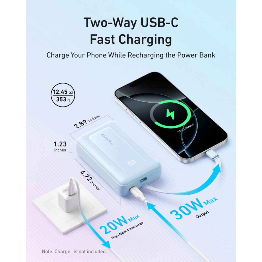 Anker 10,000mAh 30W Power Bank with Built-In USB-C Cable, Fast Charging, Compact Blue