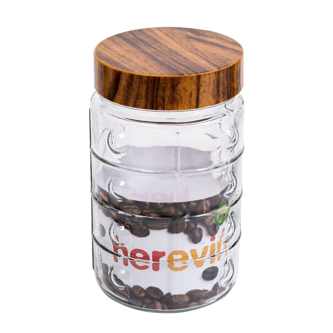 Herevin Glass Embossed Canister Jar With Wooden Pattern Lid