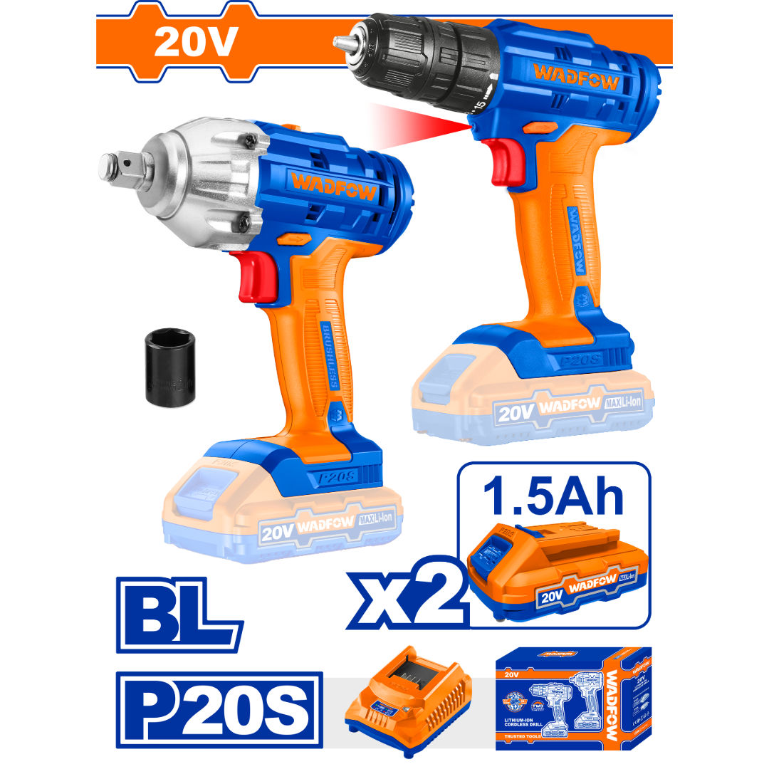 WADFOW 20V 2 Piece Combo Kit, Drill Driver (35 Nm) + 1/2″ Impact Wrench (300 Nm)