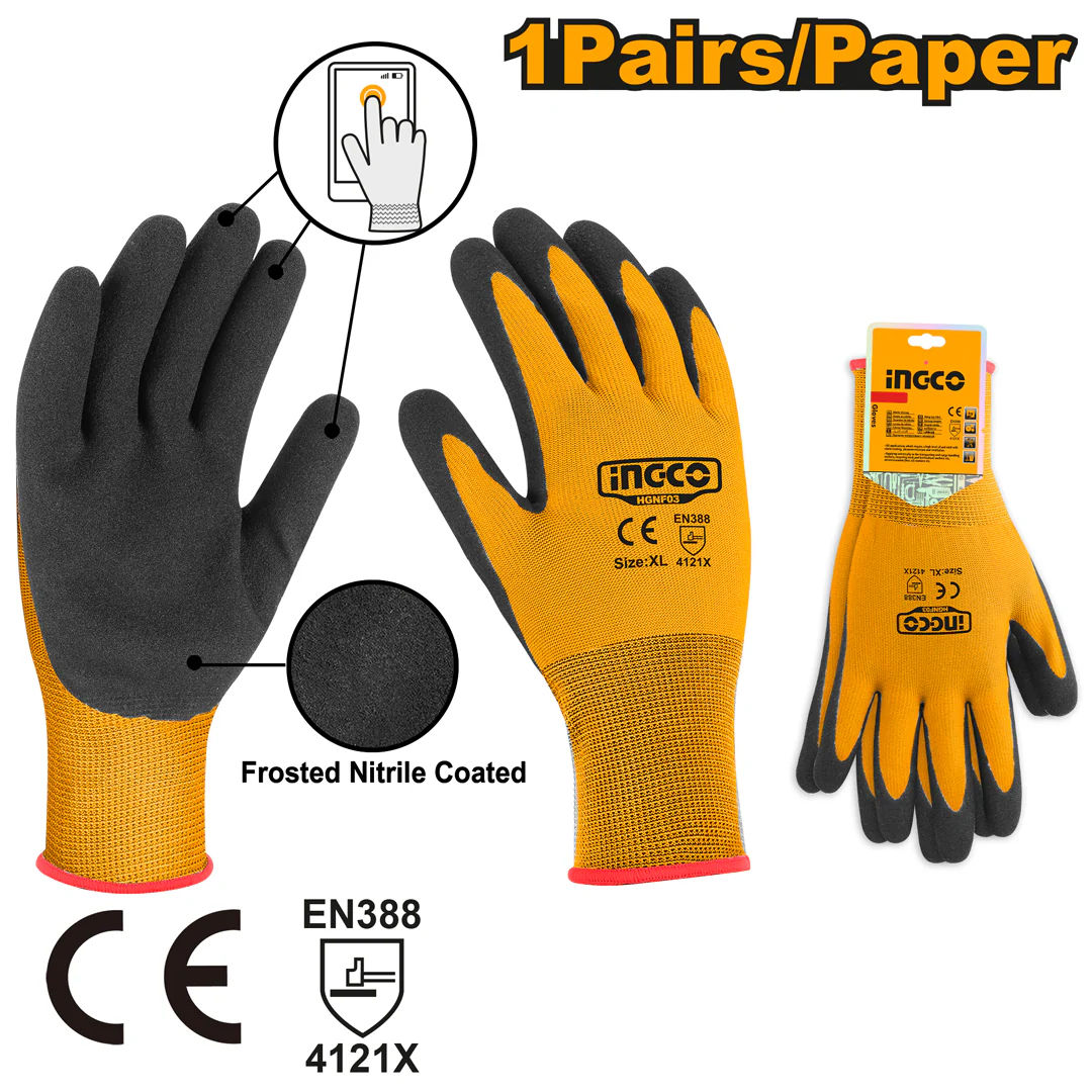 INGCO Nitrile Frosted Coated Gloves, XL, Polyester Liner