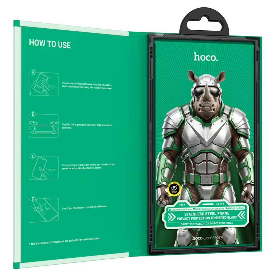 Hoco A44 Stainless Steel Frame Full Screen Anti-Spy Tempered Glass for iPhone 18 Pro, Privacy Protection, Stainless Steel Frame