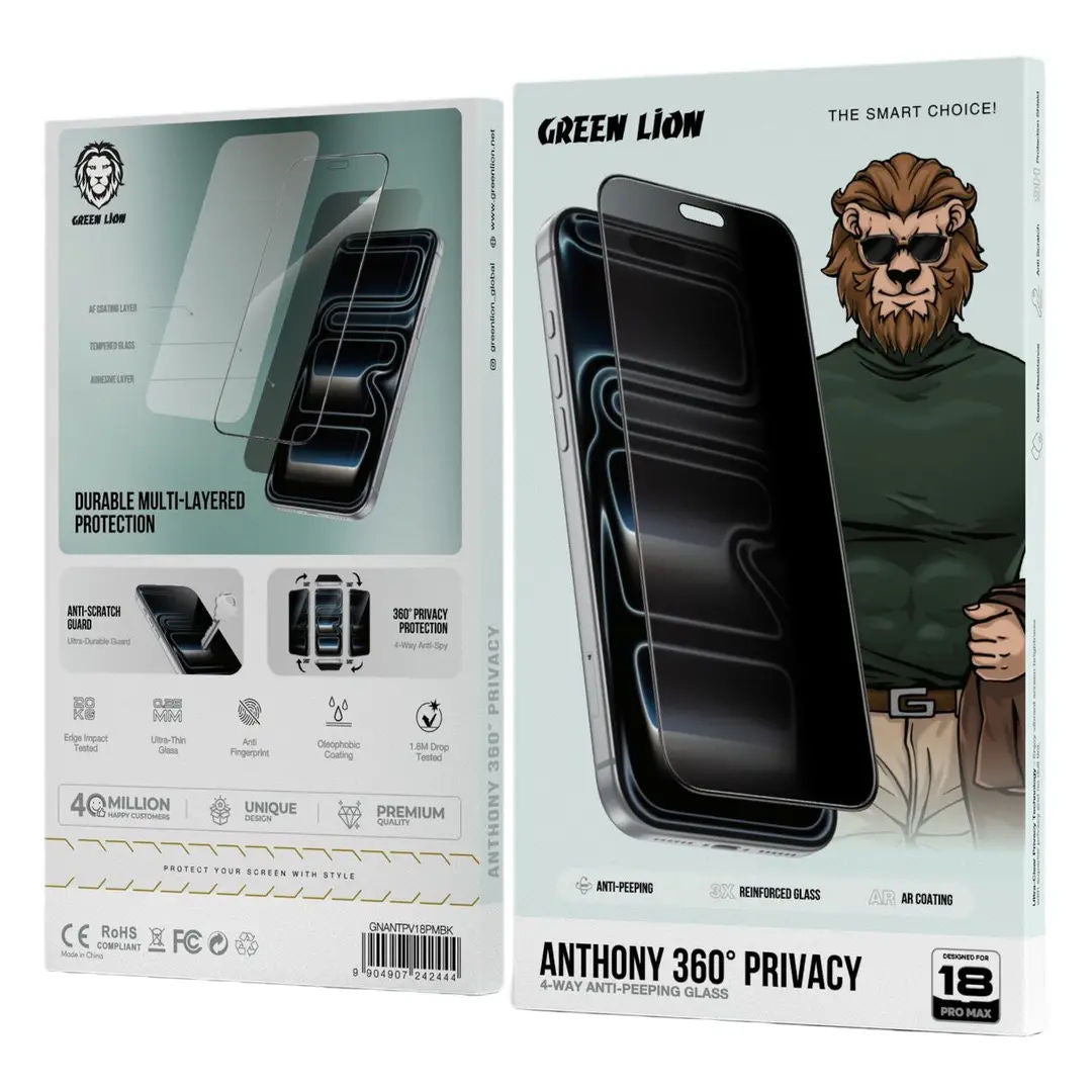 Green Lion Anthony 360° Privacy Screen Protector 4-Way Anti-Peeping Glass For iPhone 18 Pro & 18 Pro Max, Black Edge/Privacy
