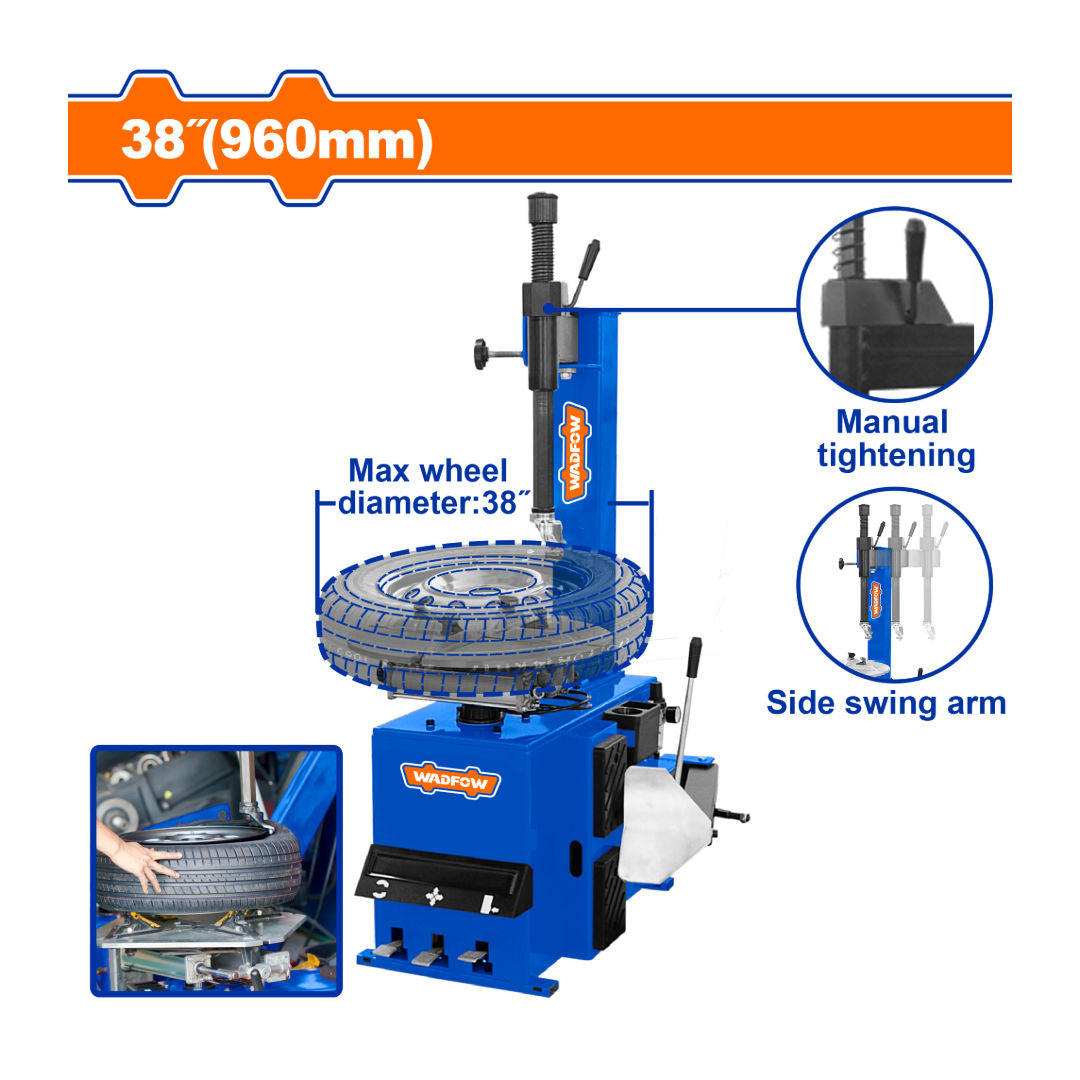 WADFOW Semi Automatic Car Tire Changer, 0.75 kW, 8 Bar, Side Swing Arm, Bead Breaker 2500kg