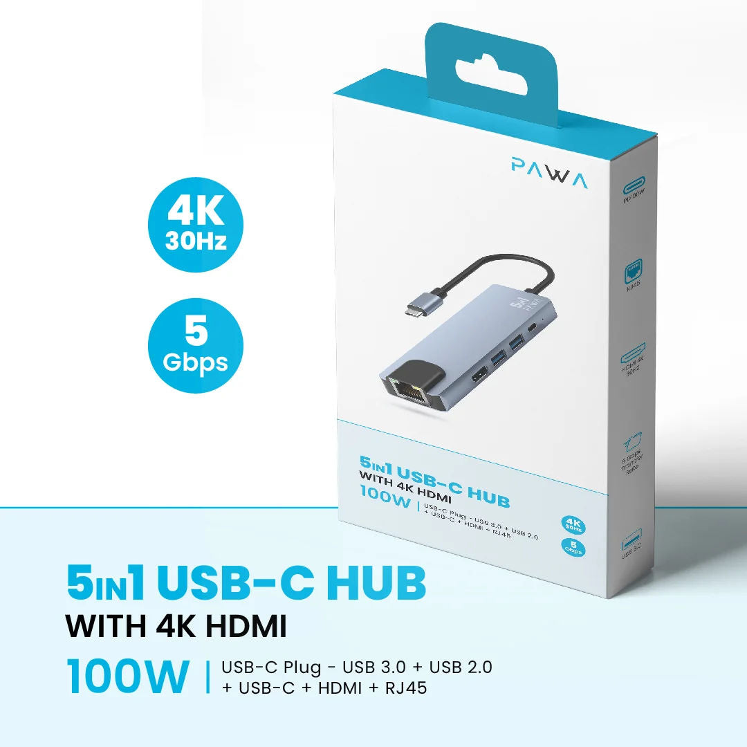 Pawa 5 In 1 Usb-C Hub With 4k HDTV-Grey