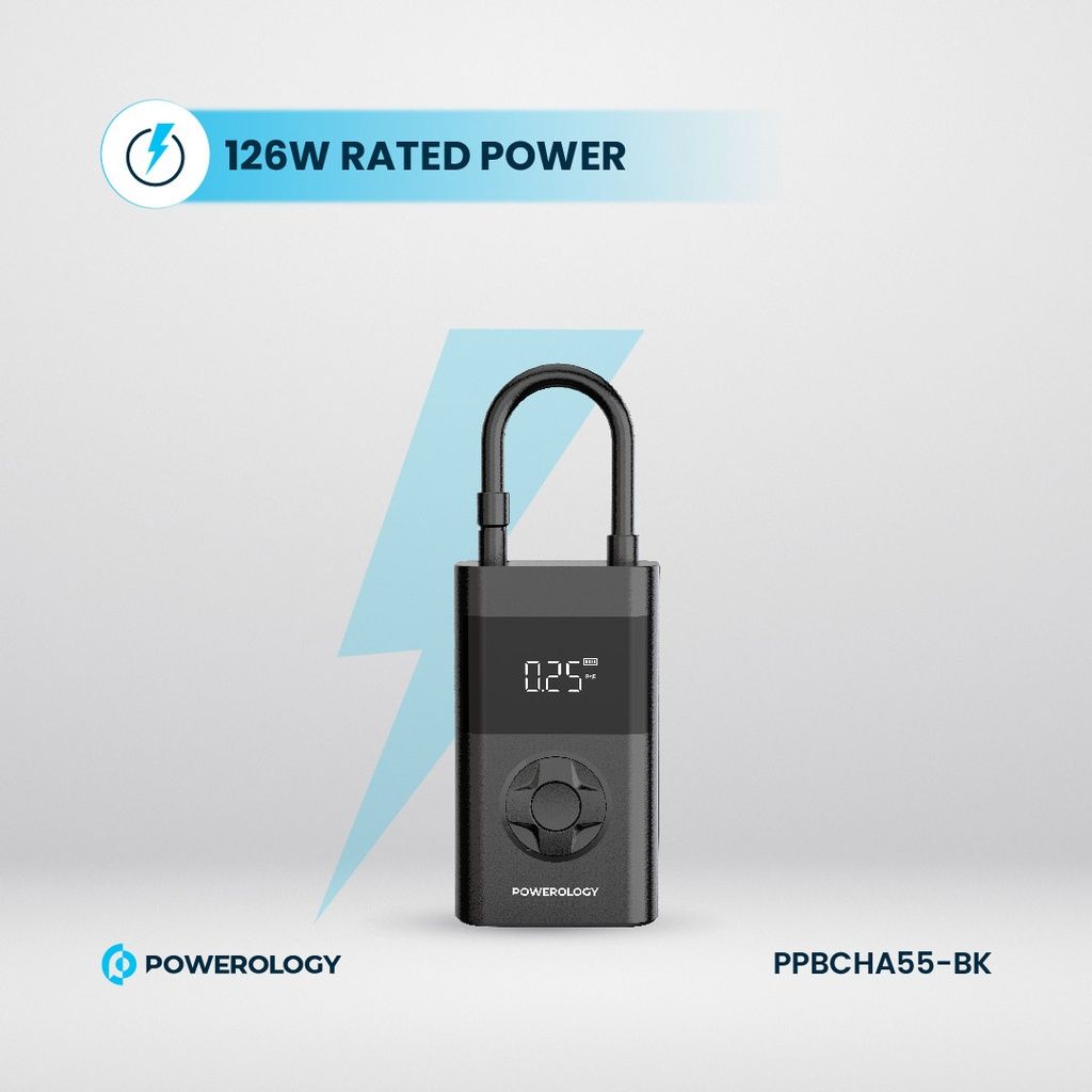 Powerology Ultra Portable Air Compressor Power Bank 4000mAh, 150 PSI Tire Inflator with LED Light, Black