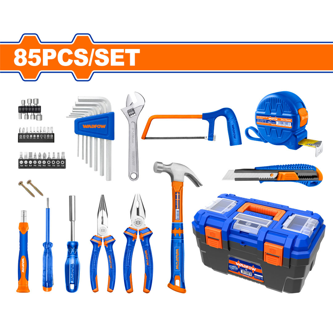 WADFOW 85-Piece Hand Tools Set with 16″ Toolbox, Pliers, Hammer, Wrench, Bits, Hex Keys & Accessories