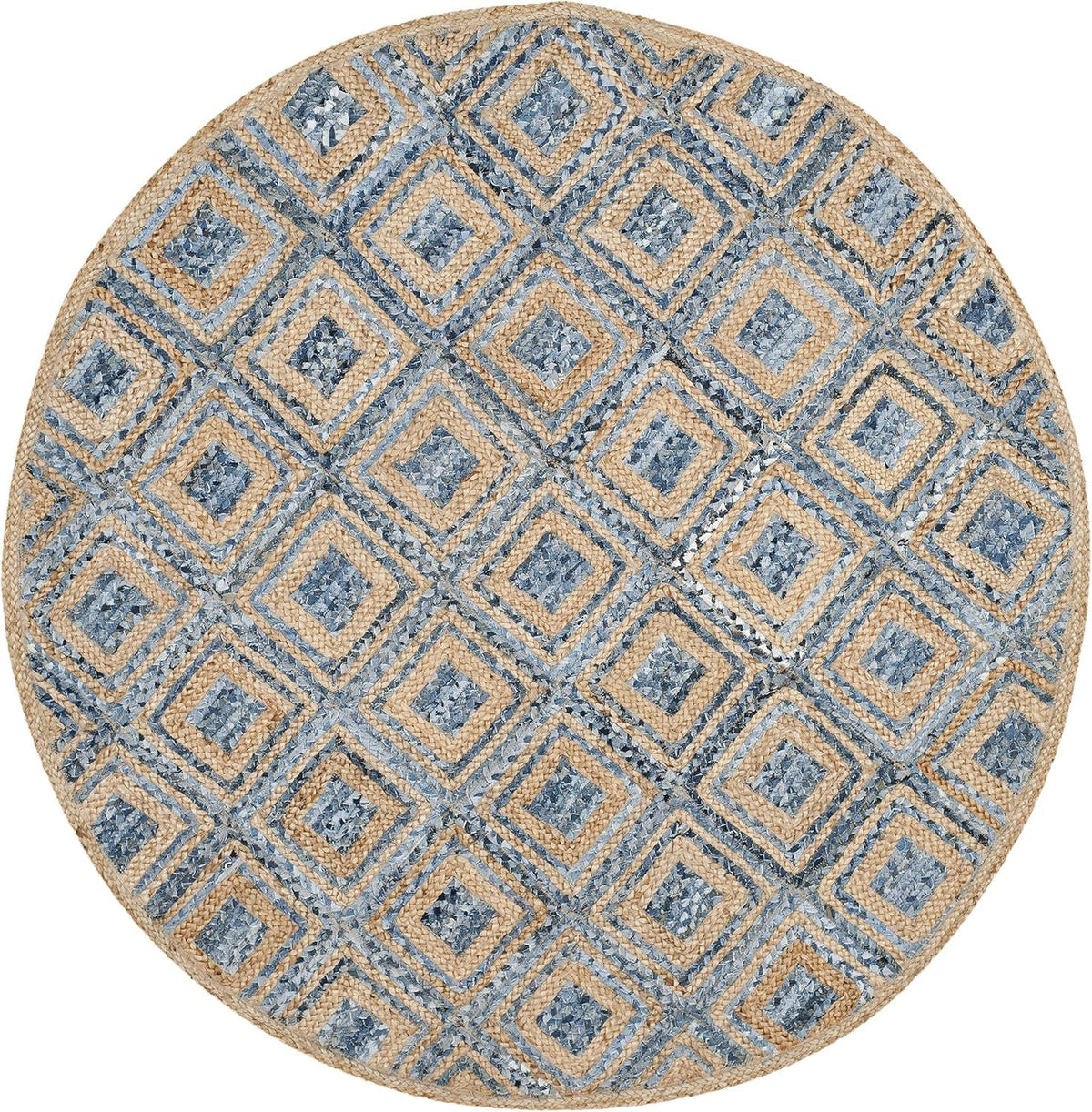 Round Denim & Jute Rug Blue Beige Diamond Pattern | Handwoven Natural Fiber Area Rug
