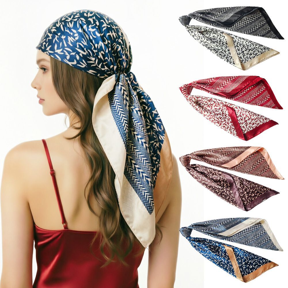 4Pcs 90cm Satin Silk Square Scarf Set for Women Retro Print