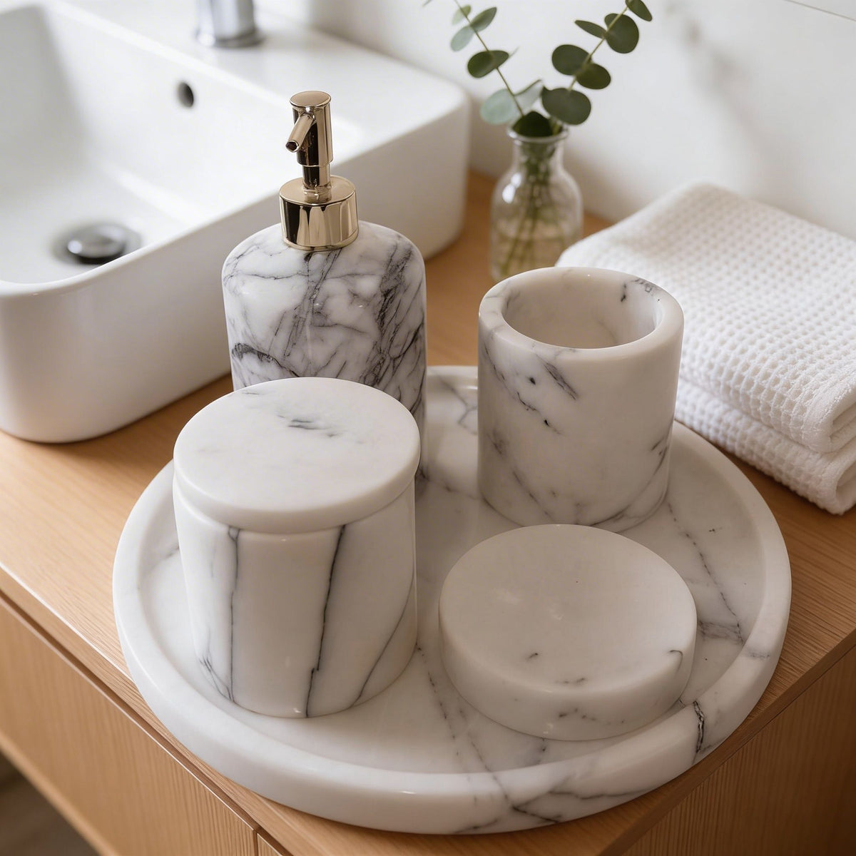 Luxury Marble Bathroom Set | Round Tray, Soap Dispenser, Organizer & Soap Dish | Modern Bathroom Decor Gift
