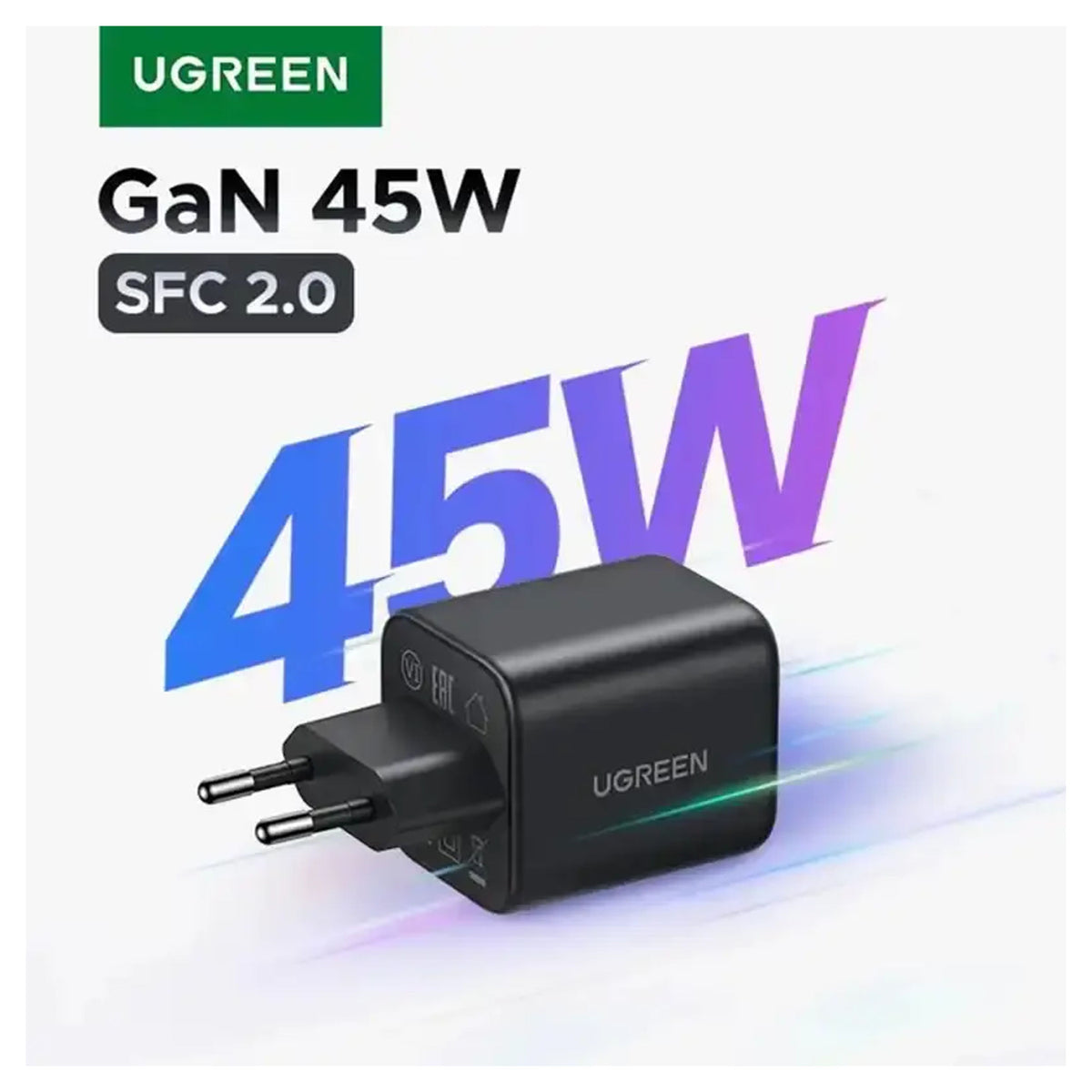 UGREEN X525 45W 2-Port GaN Fast Charger, USB-C + USB-A, EU Plug, Black