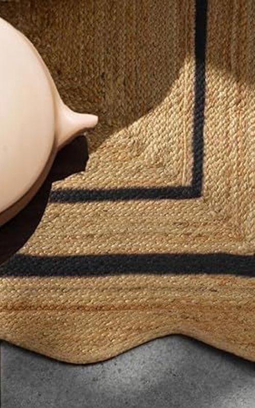 Scalloped Rectangle Jute Rug with Black Border Lines | Handmade Natural Area & Runner Carpet