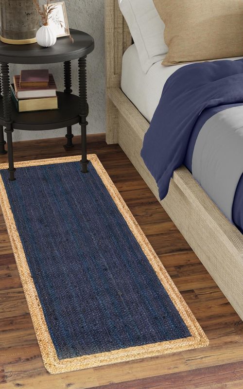 Handmade Braided Natural Jute Inner Blue With Natural Border Border Floor Area Runner Rug