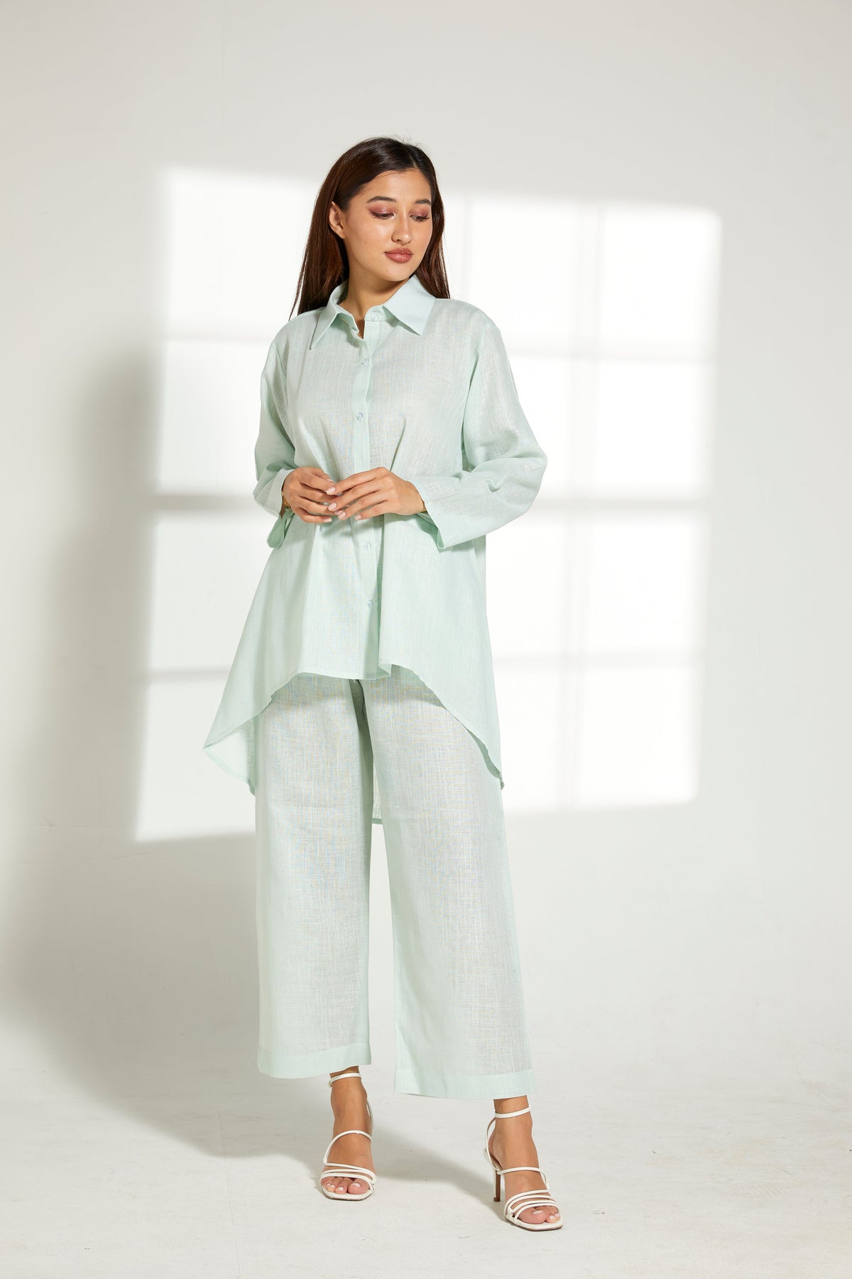 MOiSTREET Sea Green Linen Fabric Top and Pants Set
