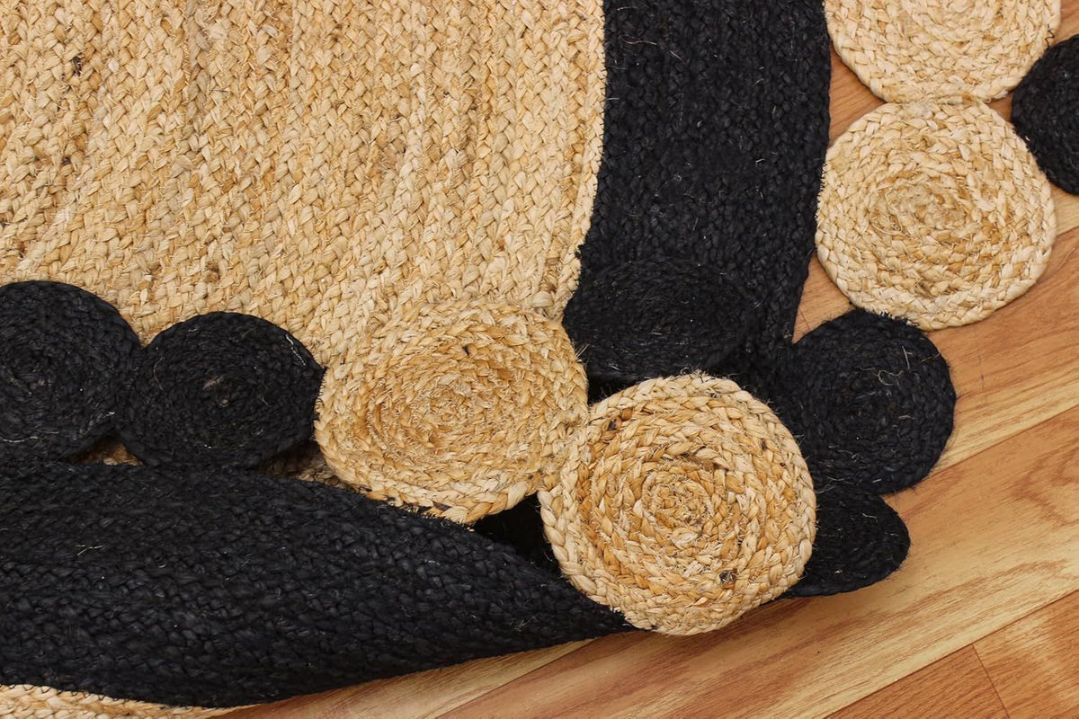 Designer Scalloped Border Jute Round Rug | Black & Natural Handwoven Area Carpet