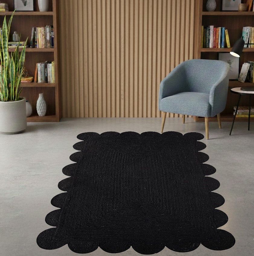 Black Rectangular Jute Rug Scalloped Edge Handwoven Carpet | Modern Boho Floor Rug