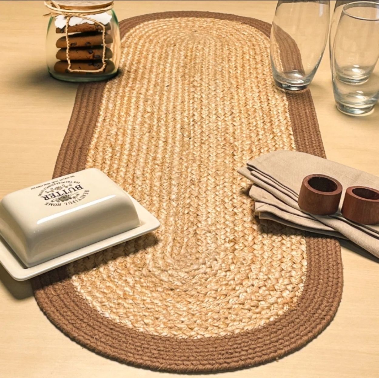 Heat Resistant Natural Jute Braided Dining Table Runner Rustic Farmhouse Decor Beige/Brown 13X36 Inch Oval