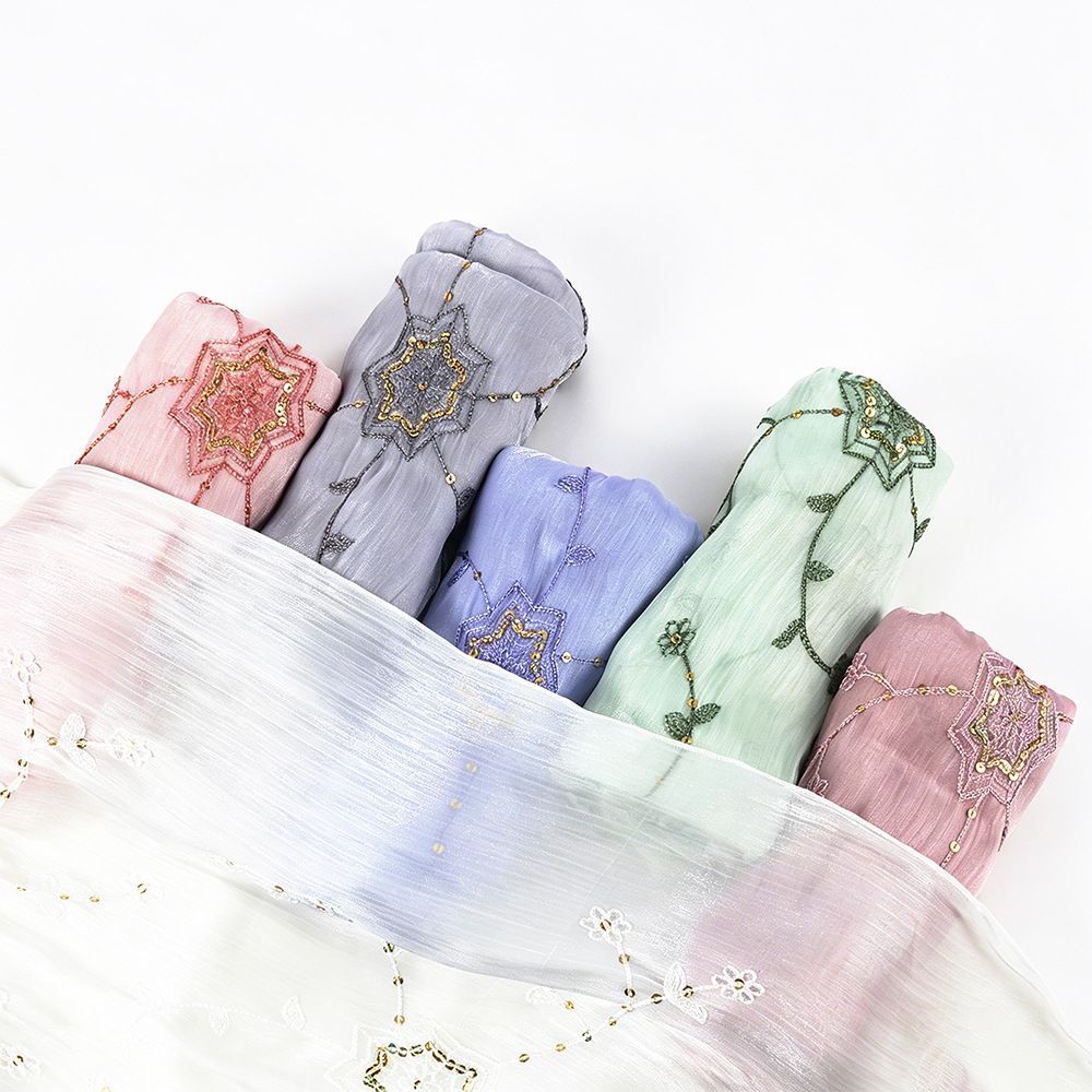 Khaki Embroidered Chiffon Hijab Scarf with Gold Floral