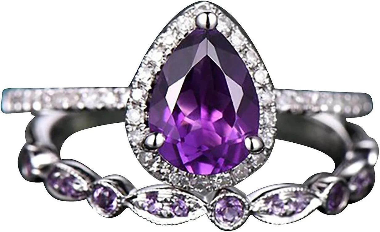 Women Shining Amethyst Ring, Tear Drop Shape Cubic Zirconia Promise Rings Set Teardrop Ring Engagement Wedding Band Ring Sets