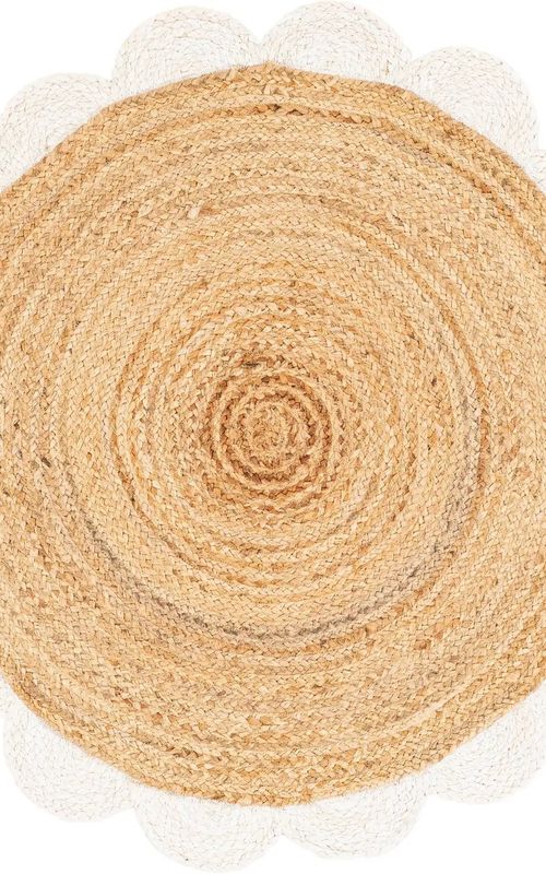 Handmade Scalloped Round Jute Rug with White Border – Natural Eco-Friendly Boho Area Rug