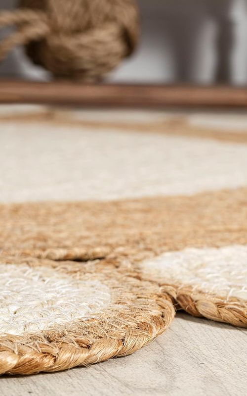 Handmade Round Jute Rug with White Tikki Border | Natural Boho Floor Rug