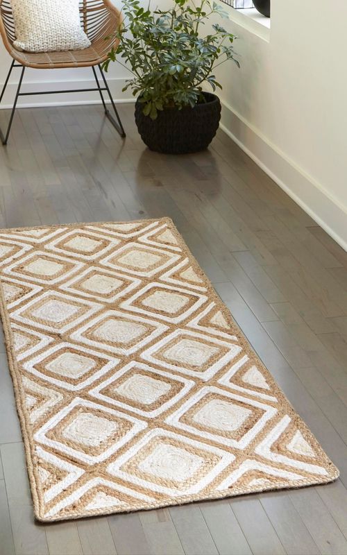 Rectangle Geometric Jute Rug in Ivory & Natural | Modern Handwoven Area Carpet