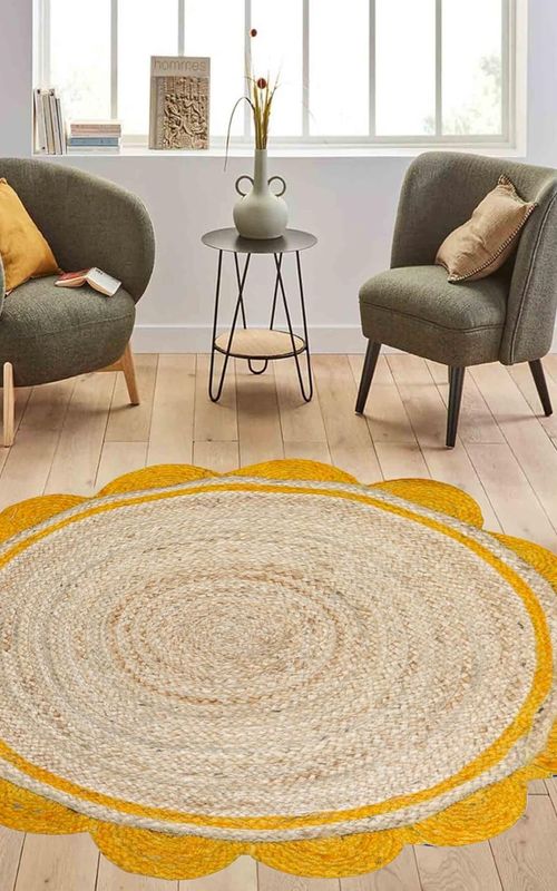 Natural Jute Round Area Rug with Yellow Scalloped Border – Handmade Eco-Friendly Floor Carpet