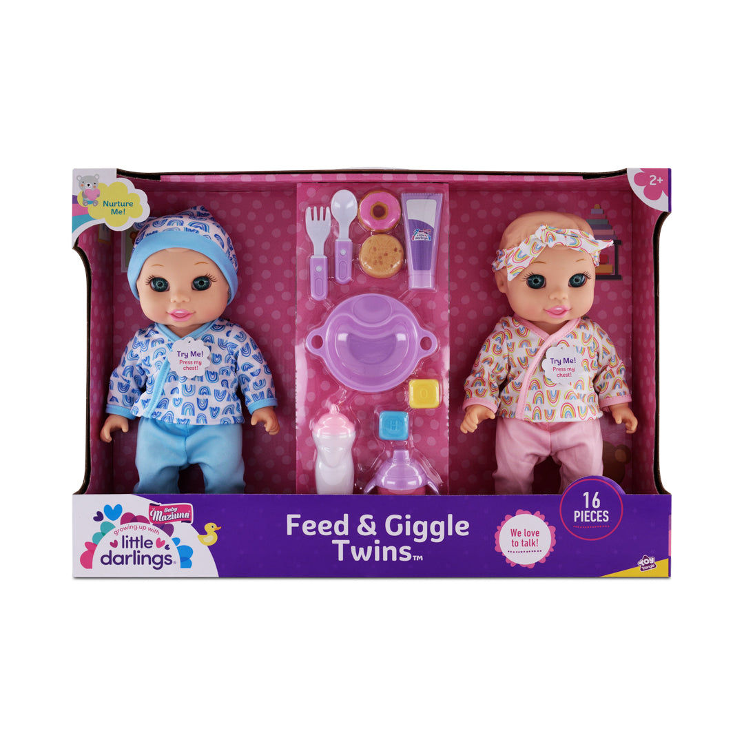 Baby Maziuna Little Darlings Feed & Giggle Twins Interactive Baby Dolls Playset, 30.48cm, 24 Months+