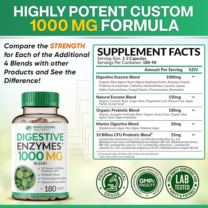 Wholesome Wellness Digestive Enzymes 1000MG With Probiotics & Prebiotics 180 Capsules