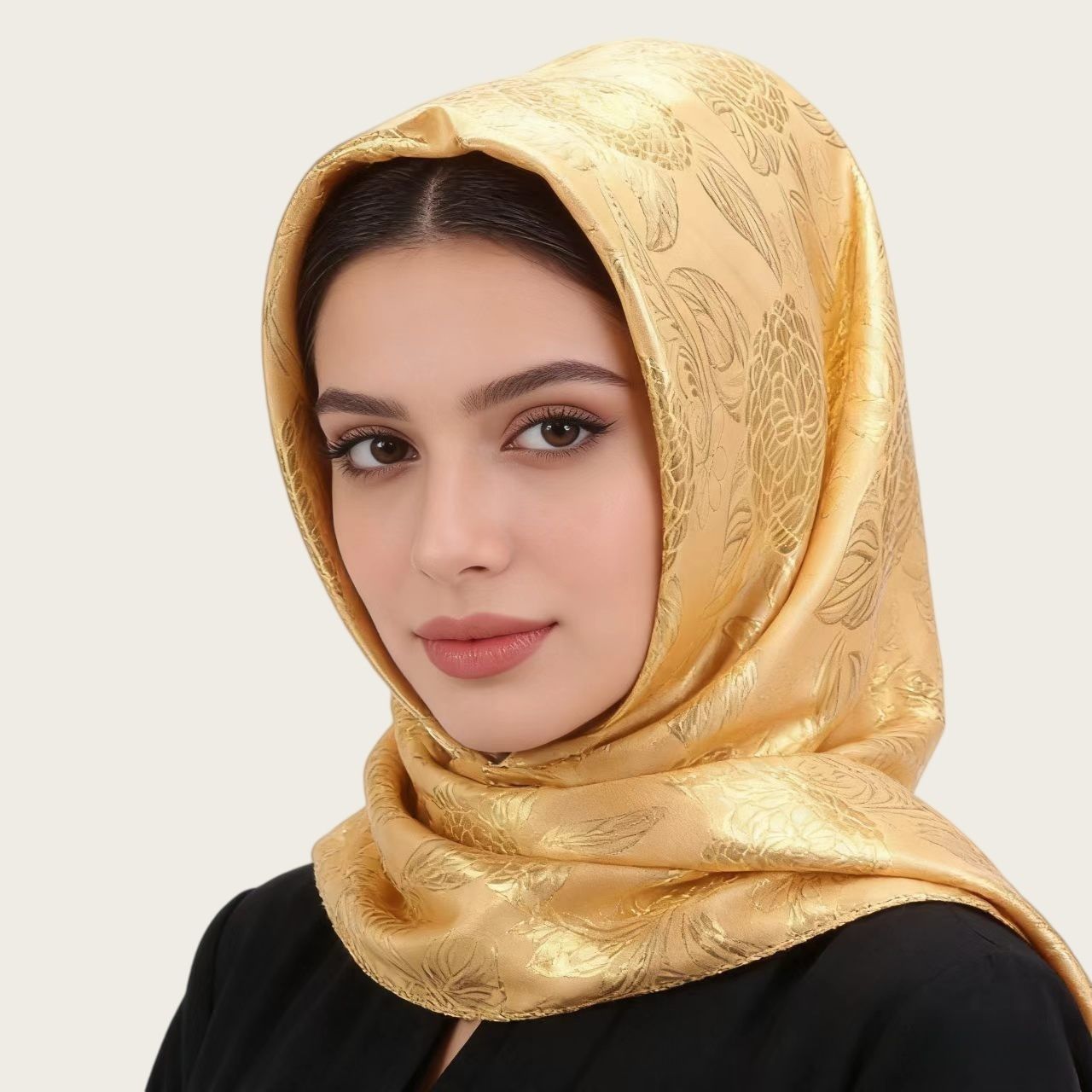 Pink Gold Silk Jacquard Square Hijab Scarf for Women 90cm