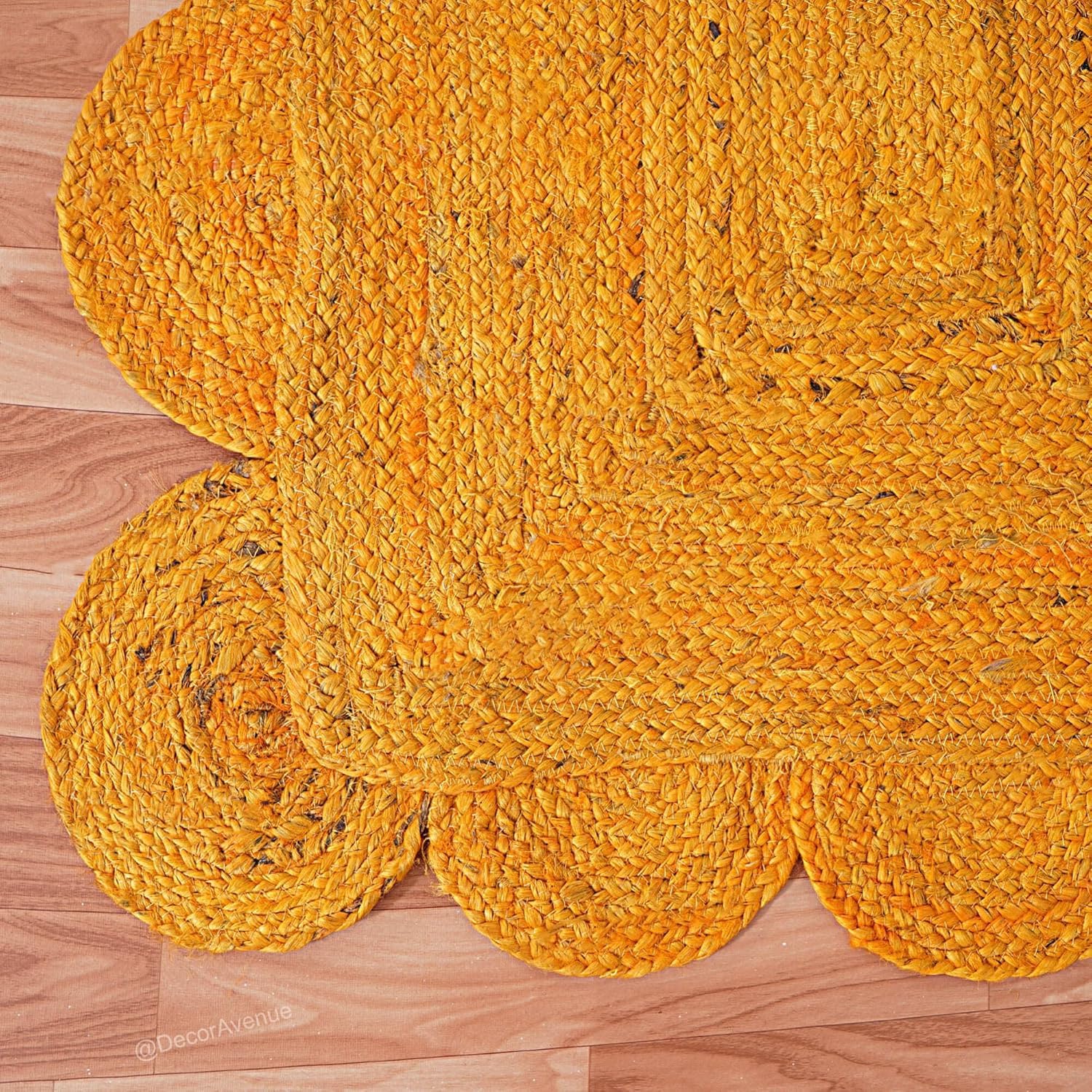 Mustard Yellow Jute Rug Scalloped Edge Handwoven Carpet | Boho Round Floor Mat