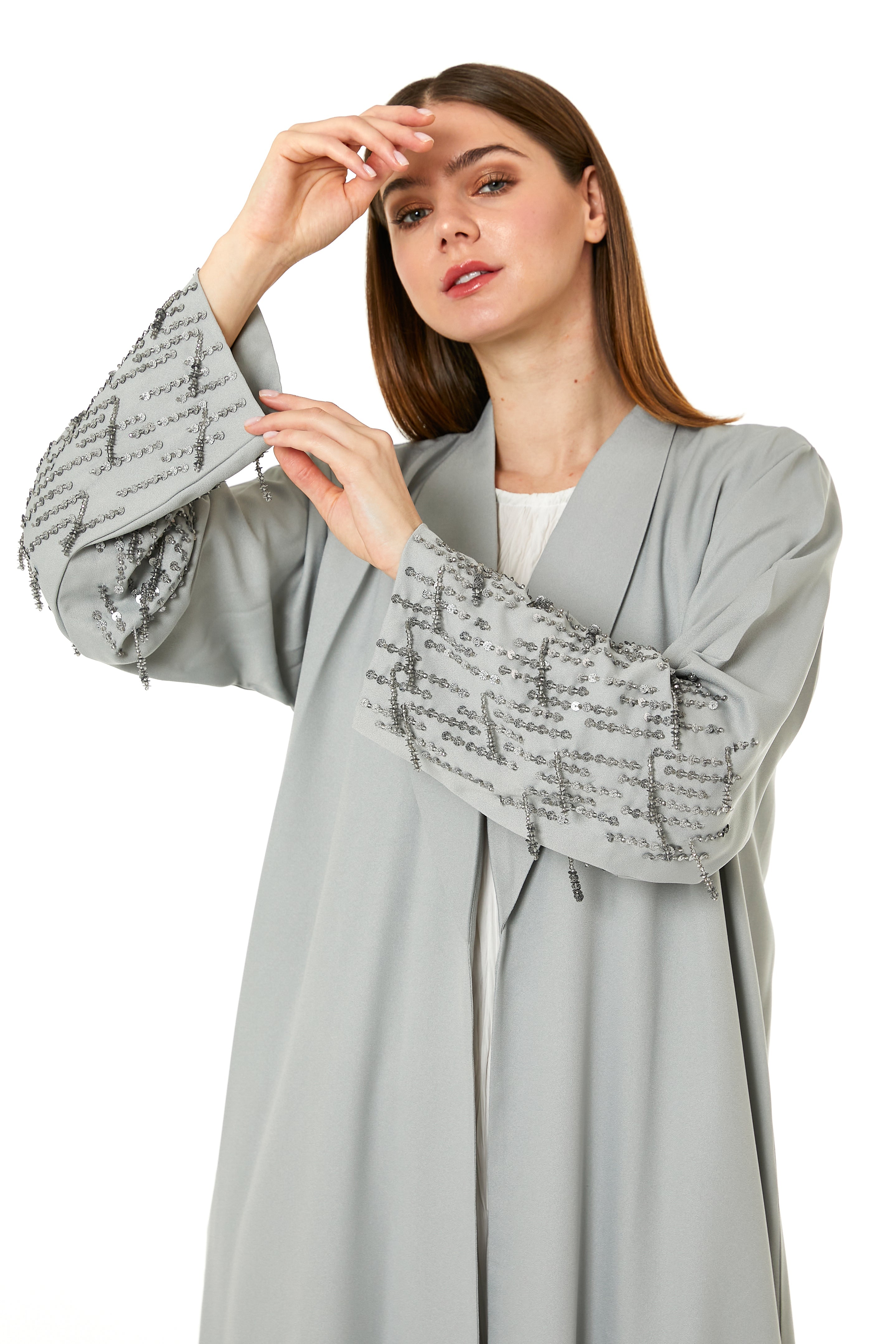 MOiSTREET Grey Korean Nida Hand Embellished Abaya